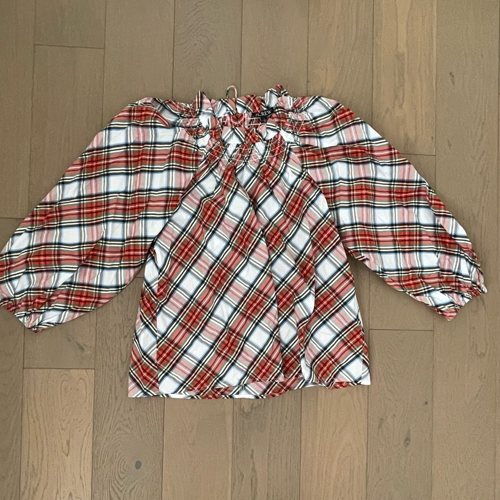 J. Crew long-sleeved smocked-neck cotton top in snowy Stewart tartan size Large